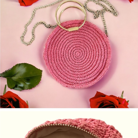 H&M BLOGGER PINK & GOLD ROUND STRAW CROSSBODY BAG PURSE - Picture 4 of 7